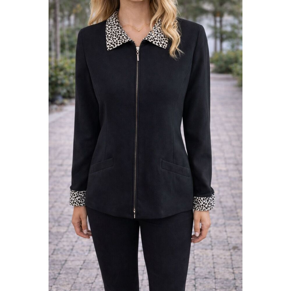 Wool Blend Express Jacket Black Animal Print Cuff & Collar Zip-up 3/4